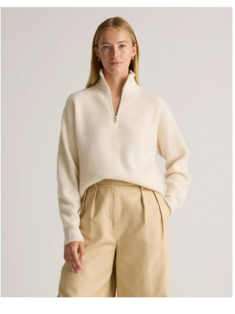 Quince $165 Mongolian Cashmere Fisherman Zip Pullover Sweater Ivory Small XS